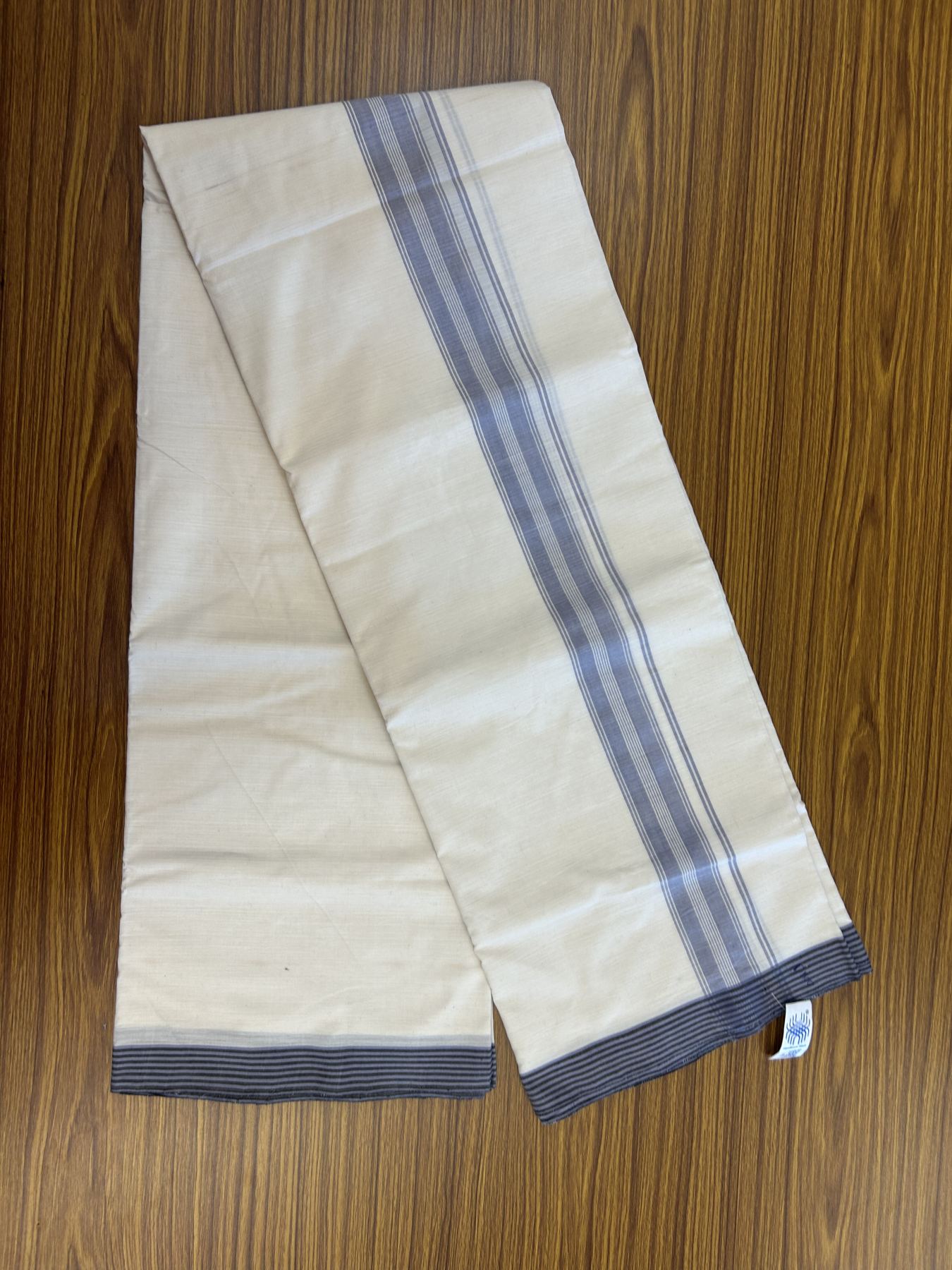 Kerala Handloom - Signature Kaitharikada - Government Sealed Hallmarked-100% Pure Cotton! (2/120sX100) Twisted Thread- Off White Double Mundu/Dhoti - 1.5 inch Light Lavender Blue Shaded Striped Kara 4 mtr (8.5 muzham) - 24 KK5331 KAL