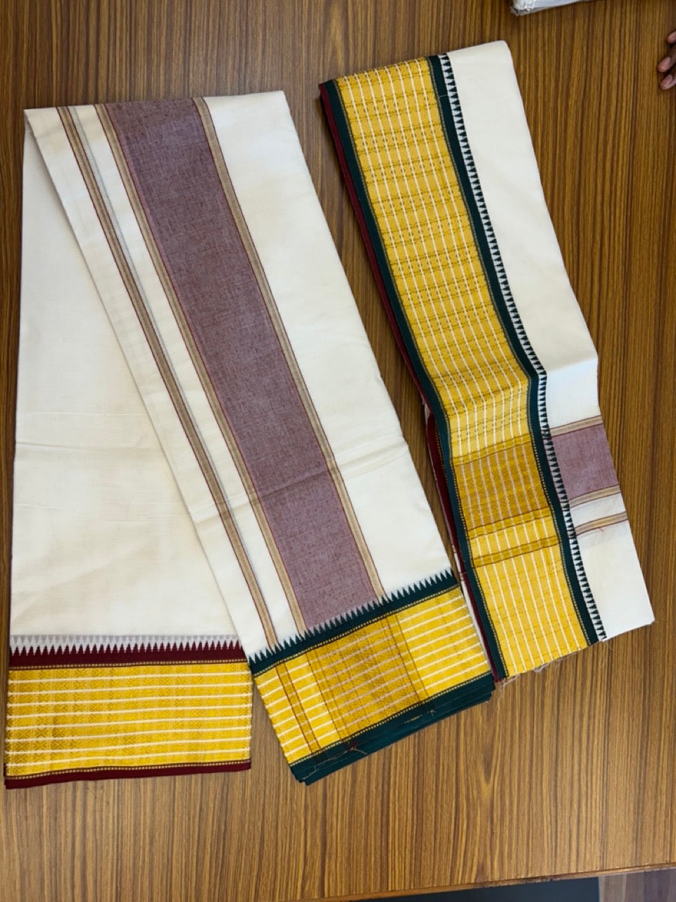 20% Discount! KaithariKada  Mixed Cotton Off White - (Unbleached) 80x90 thread - North Indian - Gamcha 8x4 - 3.75 inch kara with Maroon & Dark Green Gold Kasav border - 1 KK5303 PMC