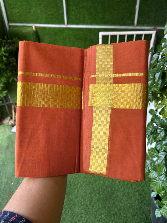 25% Discount! KaithariKada Handloom Unakkupaav Kerala Handloom- 100% Cotton Double Mundu/Dhoti - 1.75 inch Gold Kasavu Jacquard Design Kara with Brick Orange colour Body- 11 KK5375 ABH