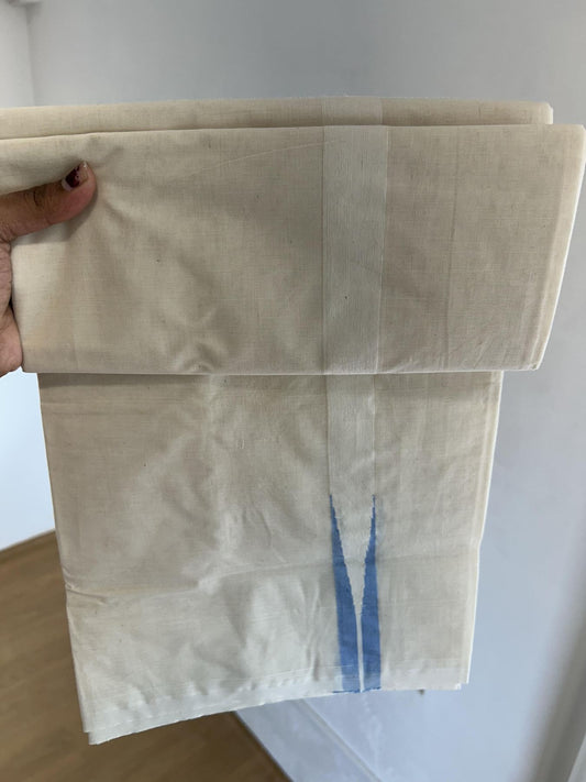 Double Off white Mundu/Dhoti -20% Discount! KaithariKada Balaramapuram 100% Pure Cotton 100x100 - 1 inch Sky Blue Chutty Kara - 20 KK5392 ASH