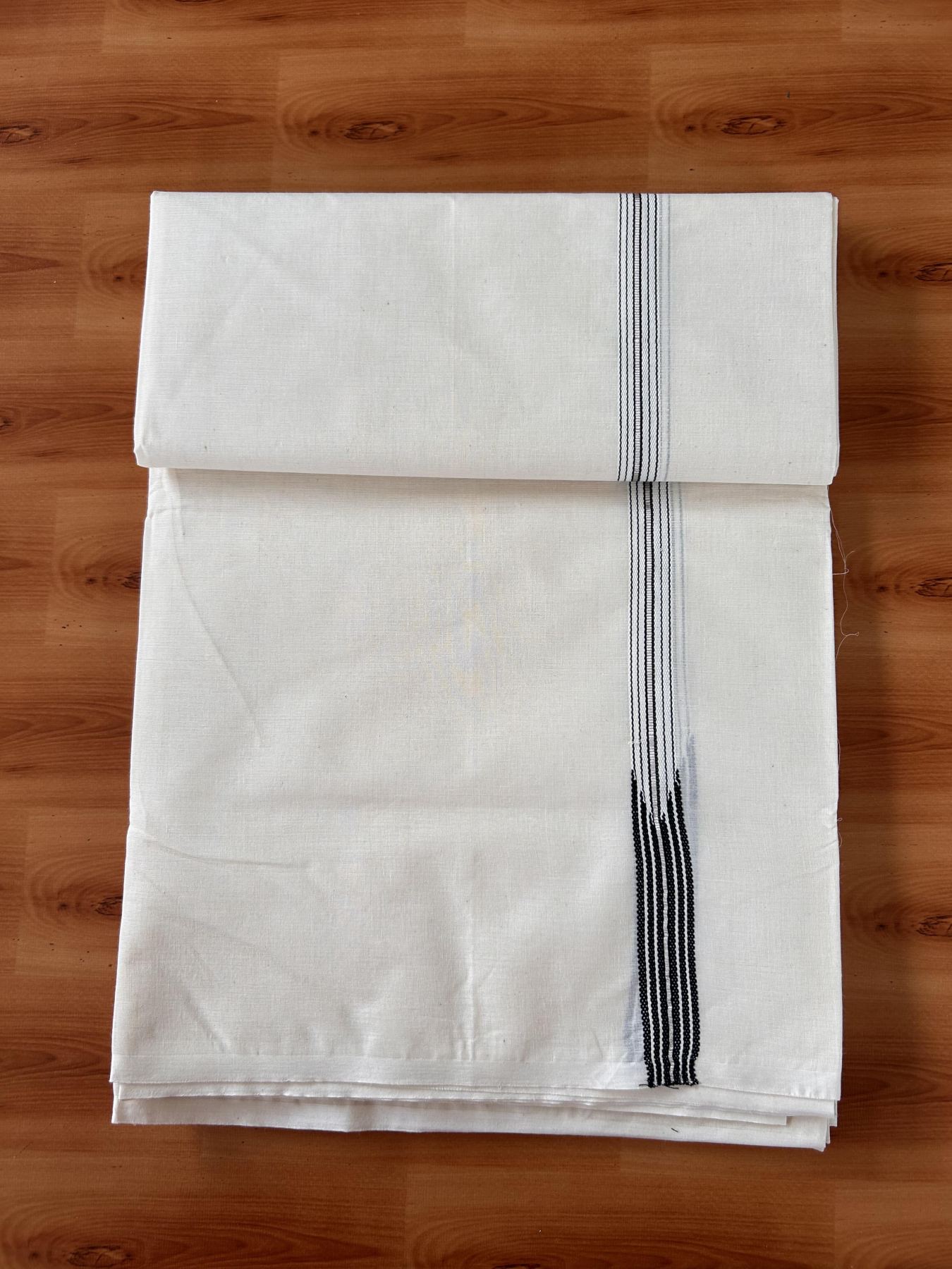 Double Off White (Unbleached) Mundu/Dhoti - 20% Discount !! KaithariKada Balaramapuram - 100% Cotton - 100X100 - 6 line 0.5 inch Silver Kasav & Black Stripes chutty Kara (4.25 meter / 9.11 muzham) - 1 KK5435 ASH