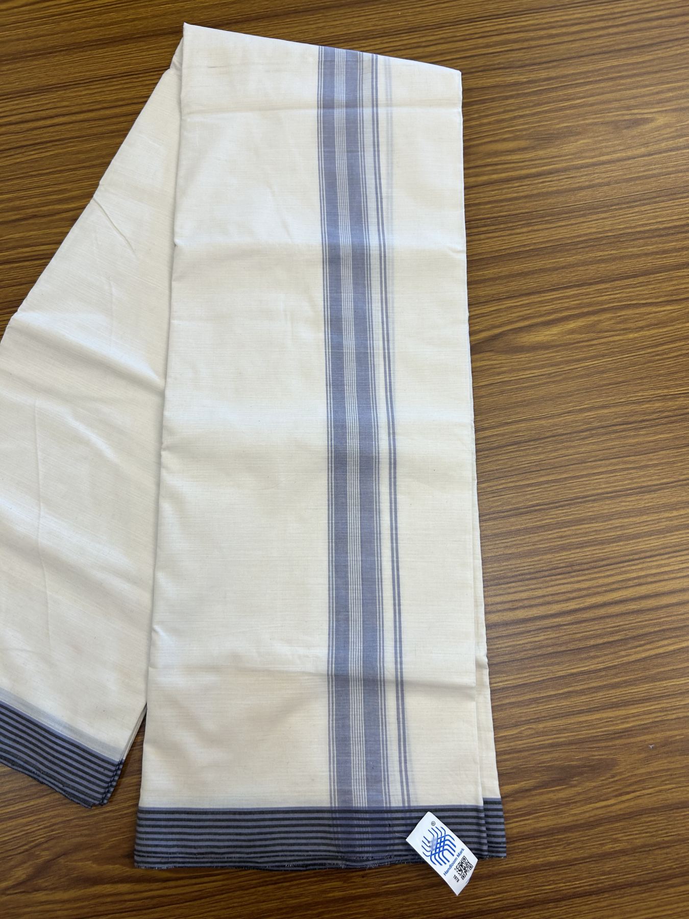 Kerala Handloom - Signature Kaitharikada - Government Sealed Hallmarked-100% Pure Cotton! (2/120sX100) Twisted Thread- Off White Double Mundu/Dhoti - 1.5 inch Light Lavender Blue Shaded Striped Kara 4 mtr (8.5 muzham) - 24 KK5331 KAL
