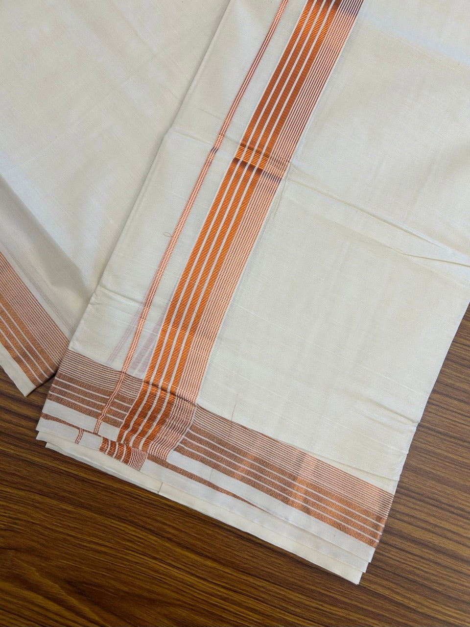 20% Discount! KaithariKada Balaramapuram 100% Cotton Double Off White - (Unbleached) Mundu/Dhoti - 80x80 - 1.5 inch Copper kasav striped Kara 4 mtrs - 1 KK5253 GAN