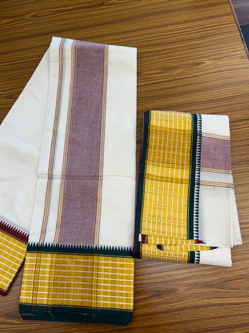 20% Discount! KaithariKada  Mixed Cotton Off White - (Unbleached) 80x90 thread - North Indian - Gamcha 8x4 - 3.75 inch kara with Maroon & Dark Green Gold Kasav border - 1 KK5303 PMC
