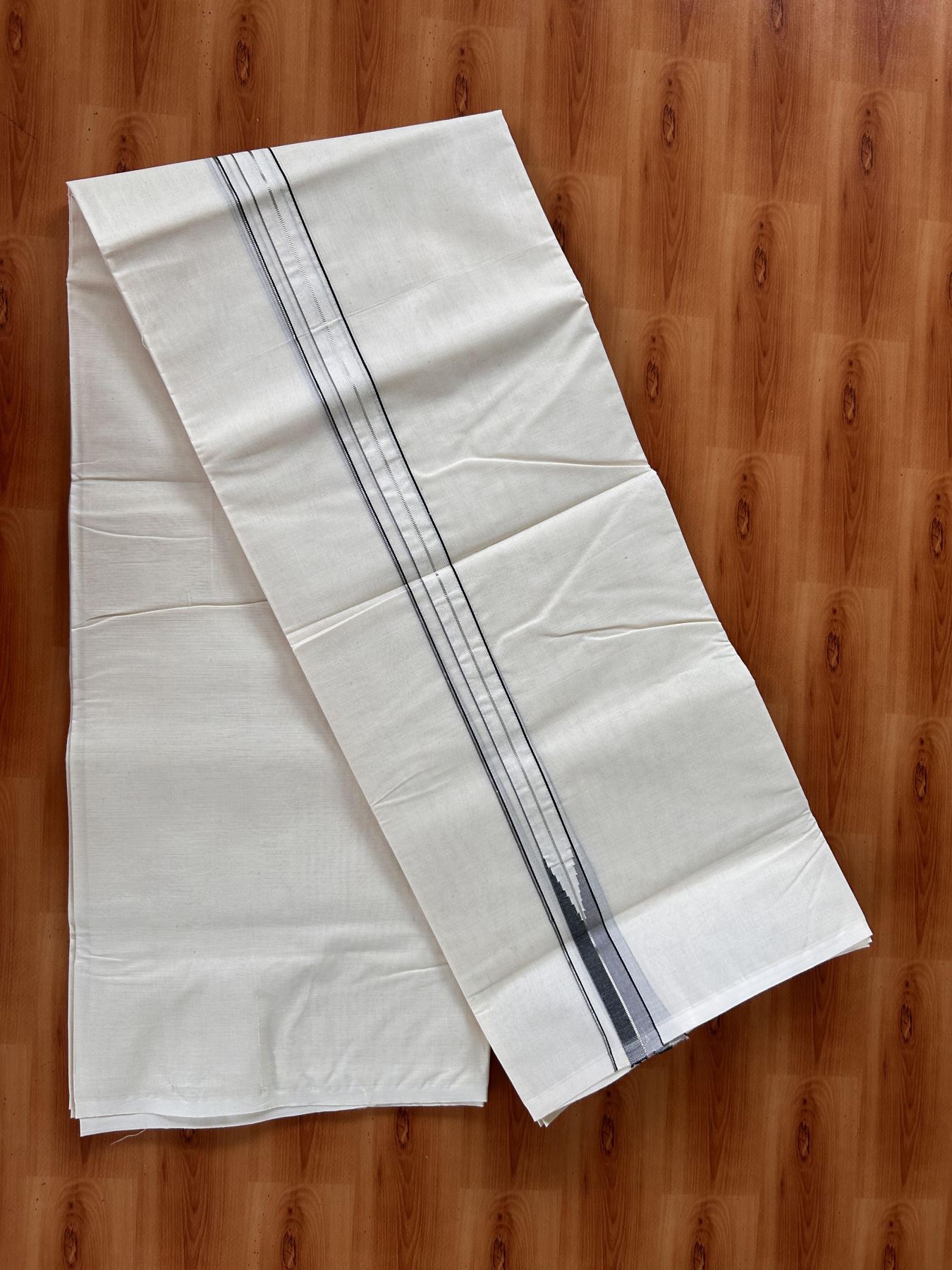 Double Off White (Unbleached) Mundu/Dhoti - 20% Discount !! KaithariKada Balaramapuram - 100% Cotton - 100X100 - 1 inch Puliyilakkara Silver Kasav Black & Ash Grey Striped chutty Kara (4.25 meter / 9.11 muzham) - 2 KK5435 ASH