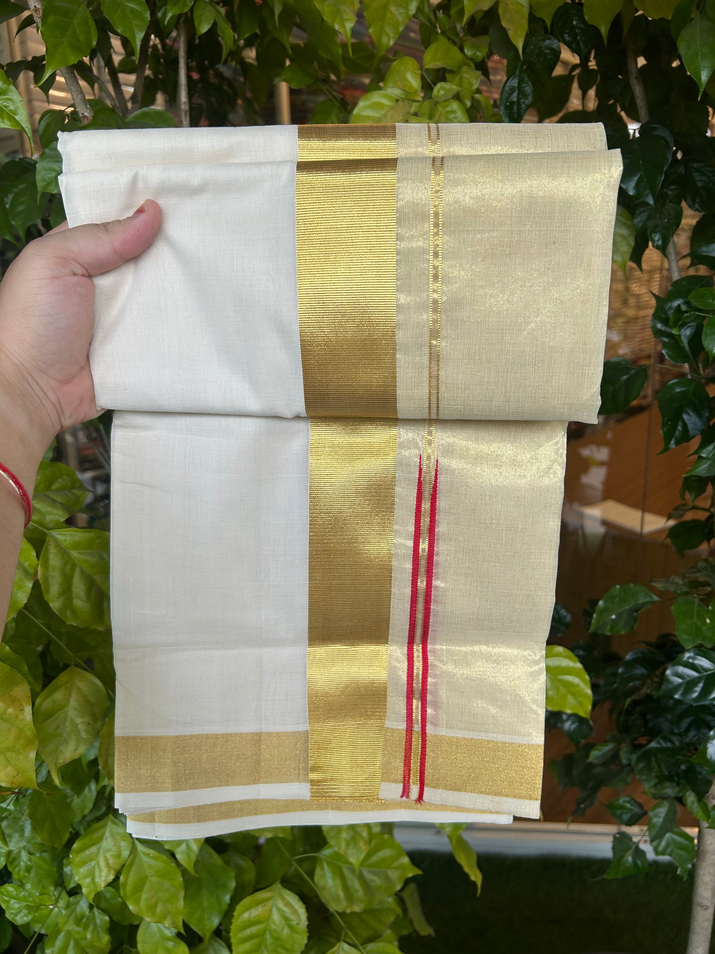 25% Discount ! KaithariKada Handloom Unakkupaav - Kerala Handloom - 100% Pure Cotton Off White - (Unbleached) Double Mundu/Dhoti - 100x80 - 1.75 inch Gold Kasav Red chutty kara with side tissue 4 mtr (8.5 Muzham) - 7 KK5375 ABH