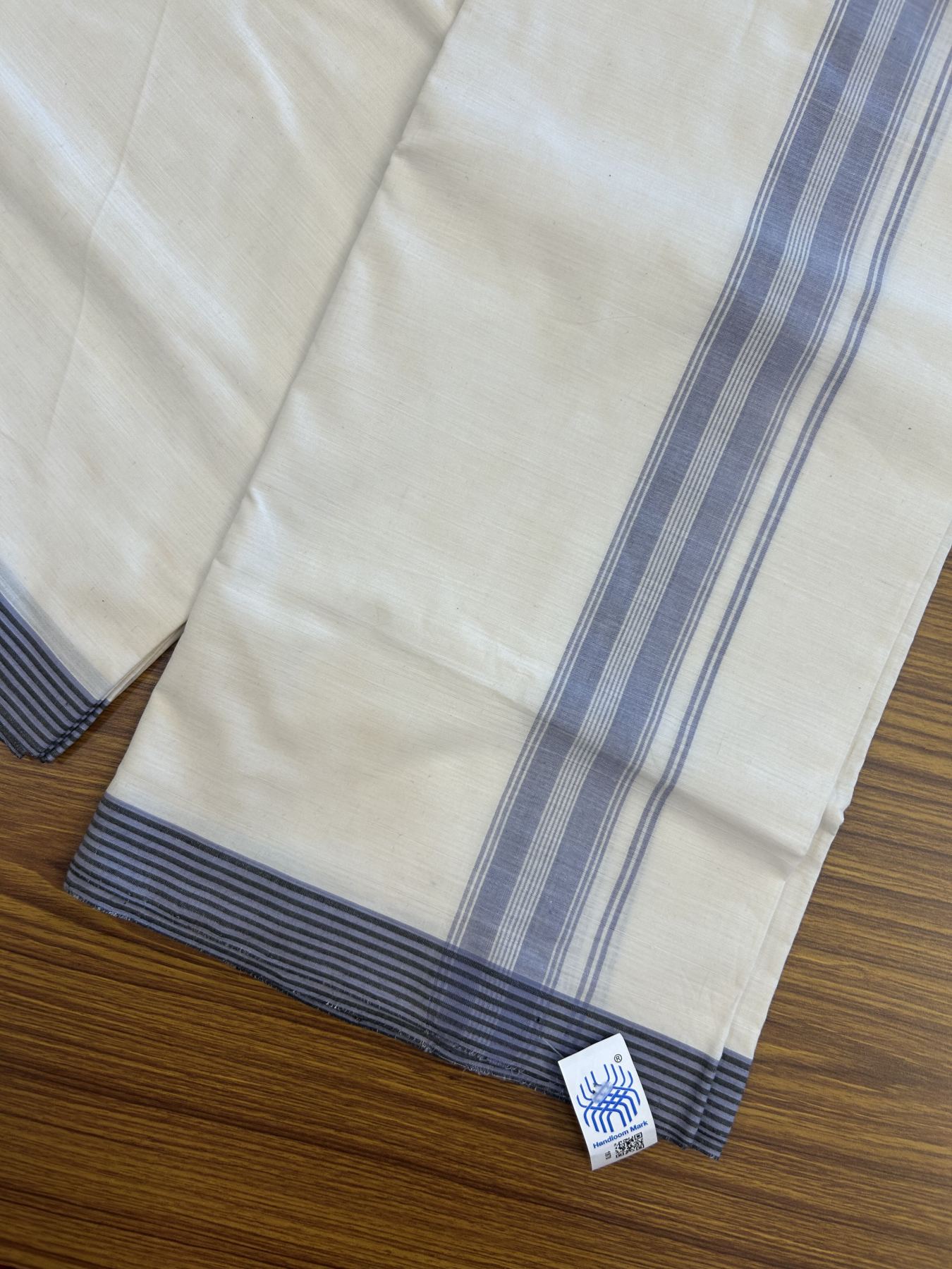 Kerala Handloom - Signature Kaitharikada - Government Sealed Hallmarked-100% Pure Cotton! (2/120sX100) Twisted Thread- Off White Double Mundu/Dhoti - 1.5 inch Light Lavender Blue Shaded Striped Kara 4 mtr (8.5 muzham) - 24 KK5331 KAL