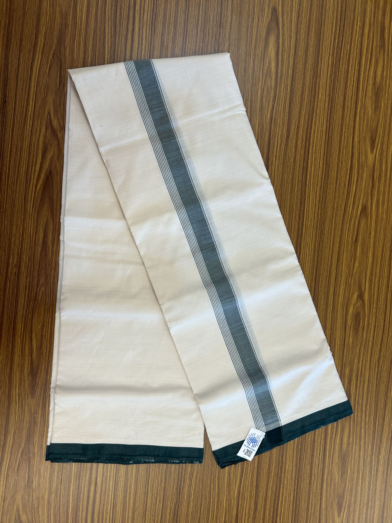 Kerala Handloom - Signature Kaitharikada - Government Sealed Hallmarked-100% Pure Cotton! (2/120X2/160) Twisted Thread- Off White Double Mundu/Dhoti - 1.5 inch Green Shaded Striped Kara 4 mtr (8.5 muzham) - 25 KK5331 KAL