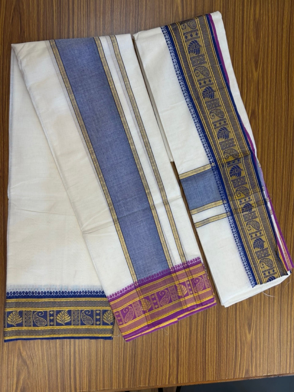 20% Discount! KaithariKada  Mixed Cotton Off White - (Unbleached) 80x90 thread - North Indian - Gamcha 8x4 - 3.75 inch Blue kara with Purple & Blue Gold Kasav border - 2 KK5303 PMC