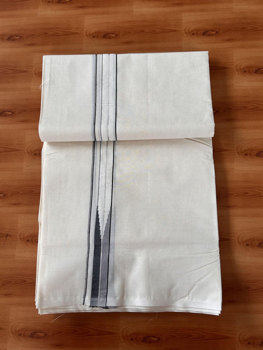 Double Off White (Unbleached) Mundu/Dhoti - 20% Discount !! KaithariKada Balaramapuram - 100% Cotton - 100X100 - 1 inch Puliyilakkara Silver Kasav Black & Ash Grey Striped chutty Kara (4.25 meter / 9.11 muzham) - 2 KK5435 ASH
