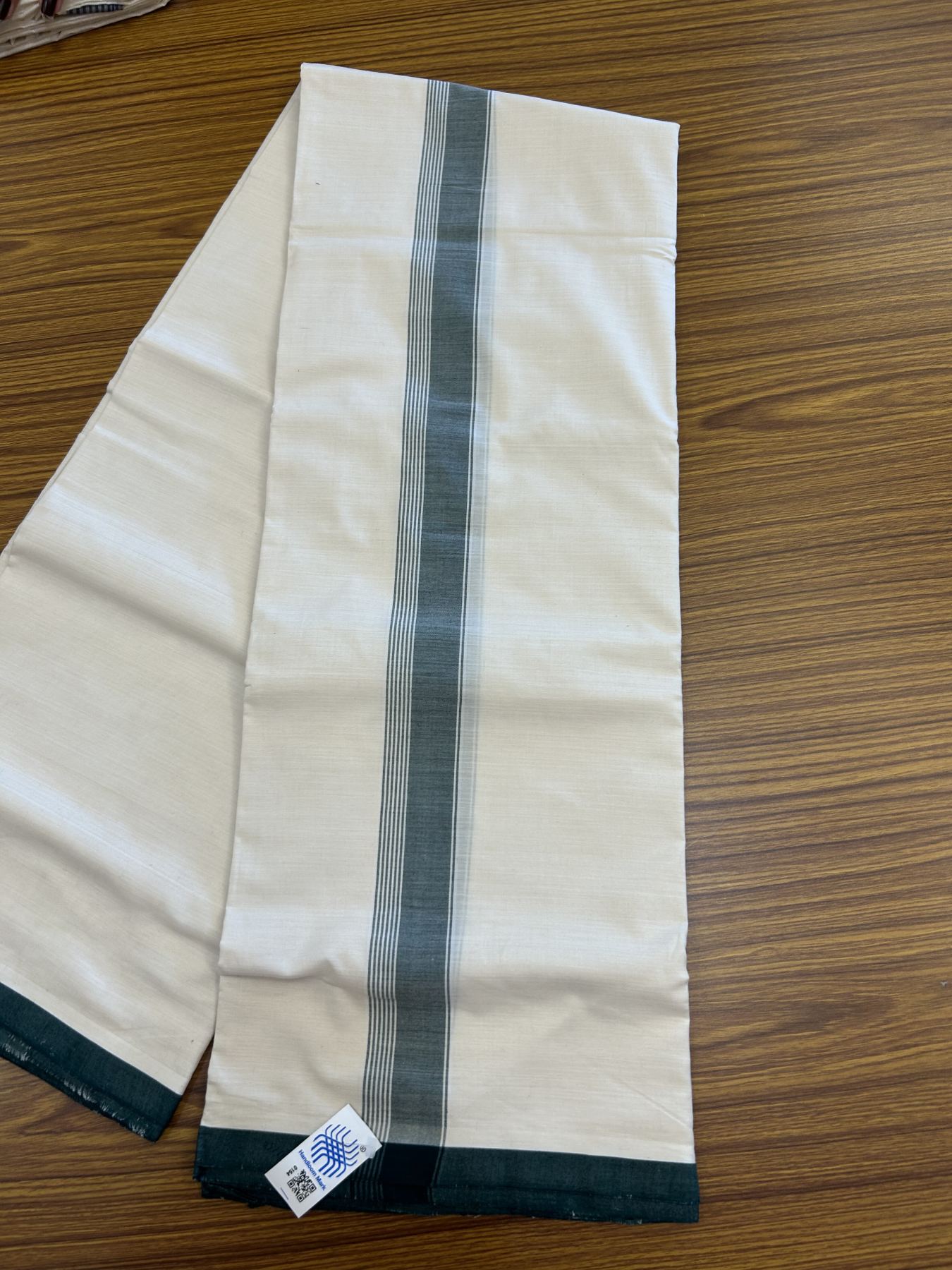 Kerala Handloom - Signature Kaitharikada - Government Sealed Hallmarked-100% Pure Cotton! (2/120X2/160) Twisted Thread- Off White Double Mundu/Dhoti - 1.5 inch Green Shaded Striped Kara 4 mtr (8.5 muzham) - 25 KK5331 KAL