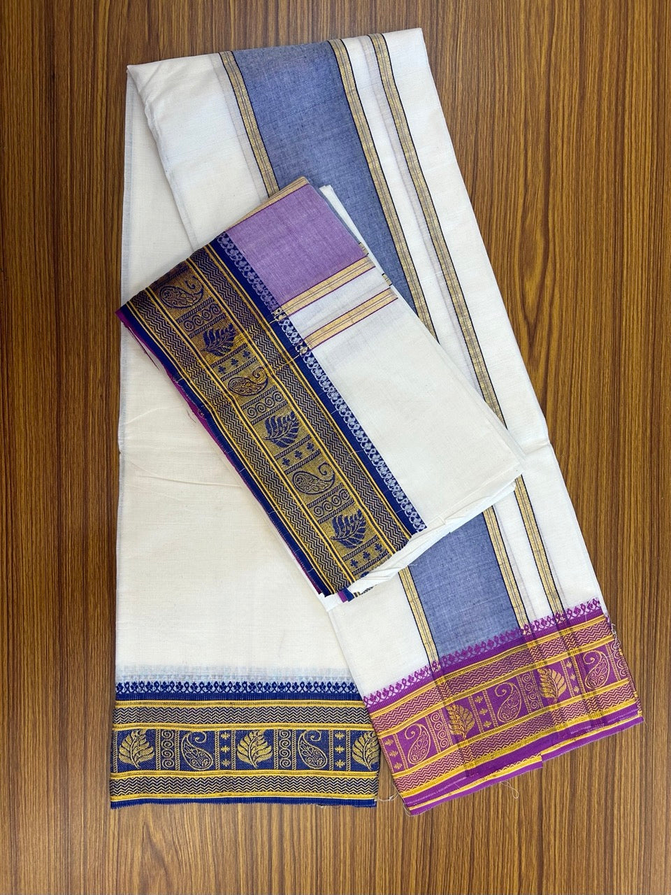 20% Discount! KaithariKada  Mixed Cotton Off White - (Unbleached) 80x90 thread - North Indian - Gamcha 8x4 - 3.75 inch Blue kara with Purple & Blue Gold Kasav border - 2 KK5303 PMC