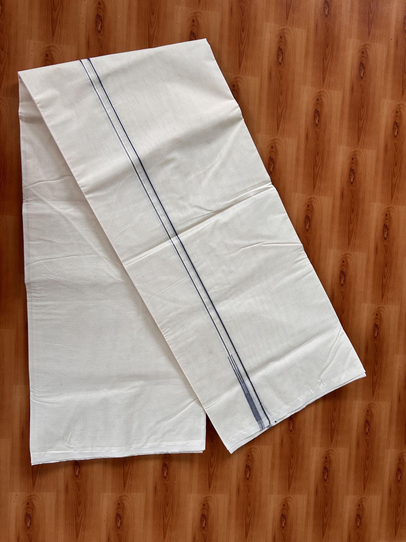 Double Off White (Unbleached) Mundu/Dhoti - 20% Discount !! KaithariKada Balaramapuram - 100% Cotton - 100X100 - 0.4 inch Puliyilakkara Silver Kasav Ash Blue chutty Kara (4.25 meter / 9.11 muzham) - 3 KK5435 ASH