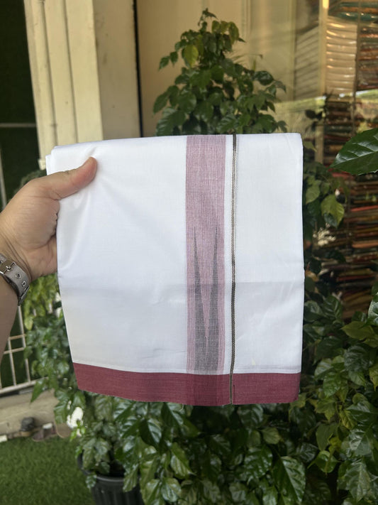 20% Discount!! Kaitharikada Balaramapuram 100% Pure Cotton Pure White Double Mundu/Dothi - 100x80 - 1.5 inch Maroon & Black Silver Kasav Stripes Chutty Kara 3.90 m (8 muzham) - 22 KK5356 VAS