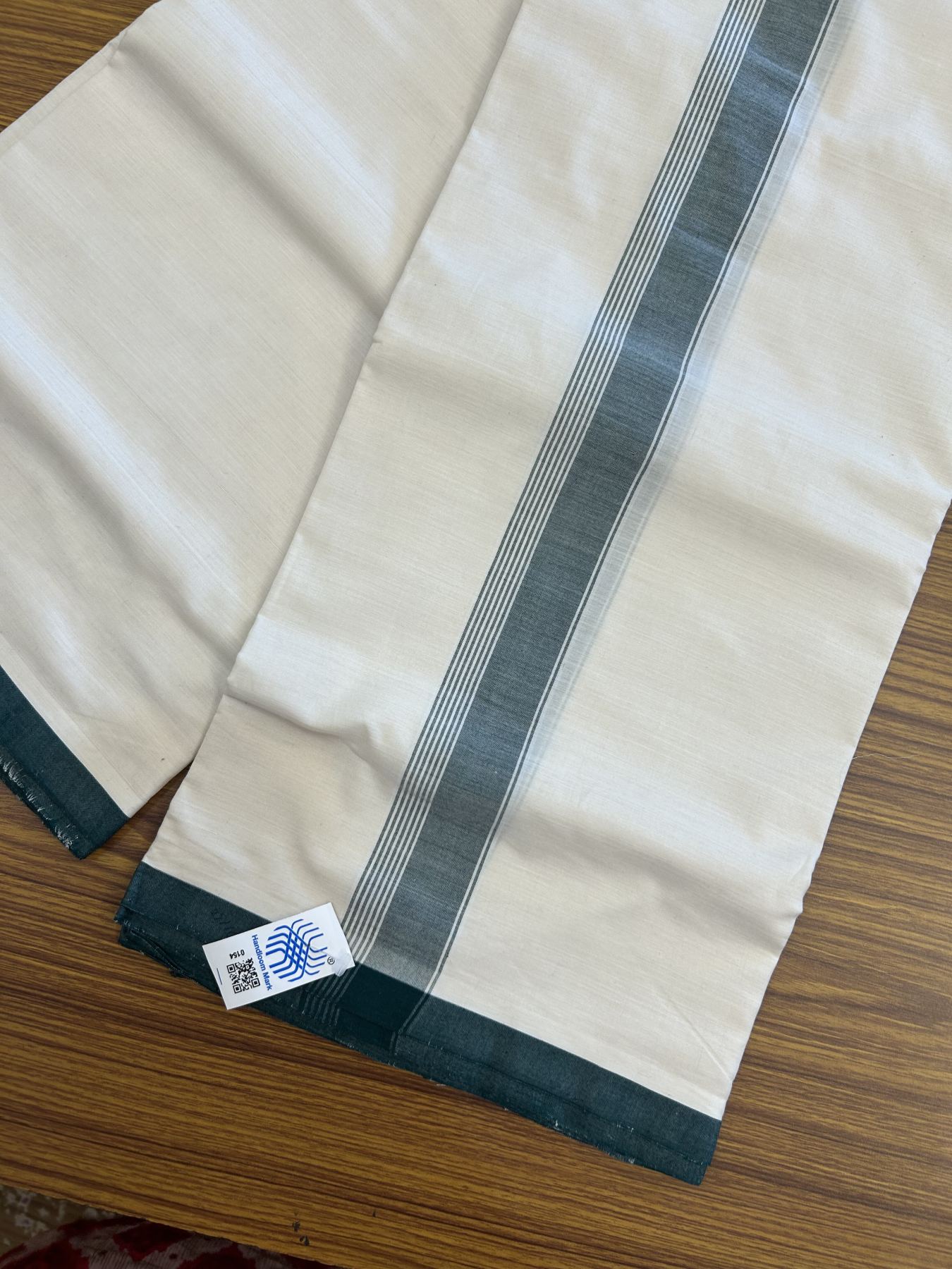 Kerala Handloom - Signature Kaitharikada - Government Sealed Hallmarked-100% Pure Cotton! (2/120X2/160) Twisted Thread- Off White Double Mundu/Dhoti - 1.5 inch Green Shaded Striped Kara 4 mtr (8.5 muzham) - 25 KK5331 KAL
