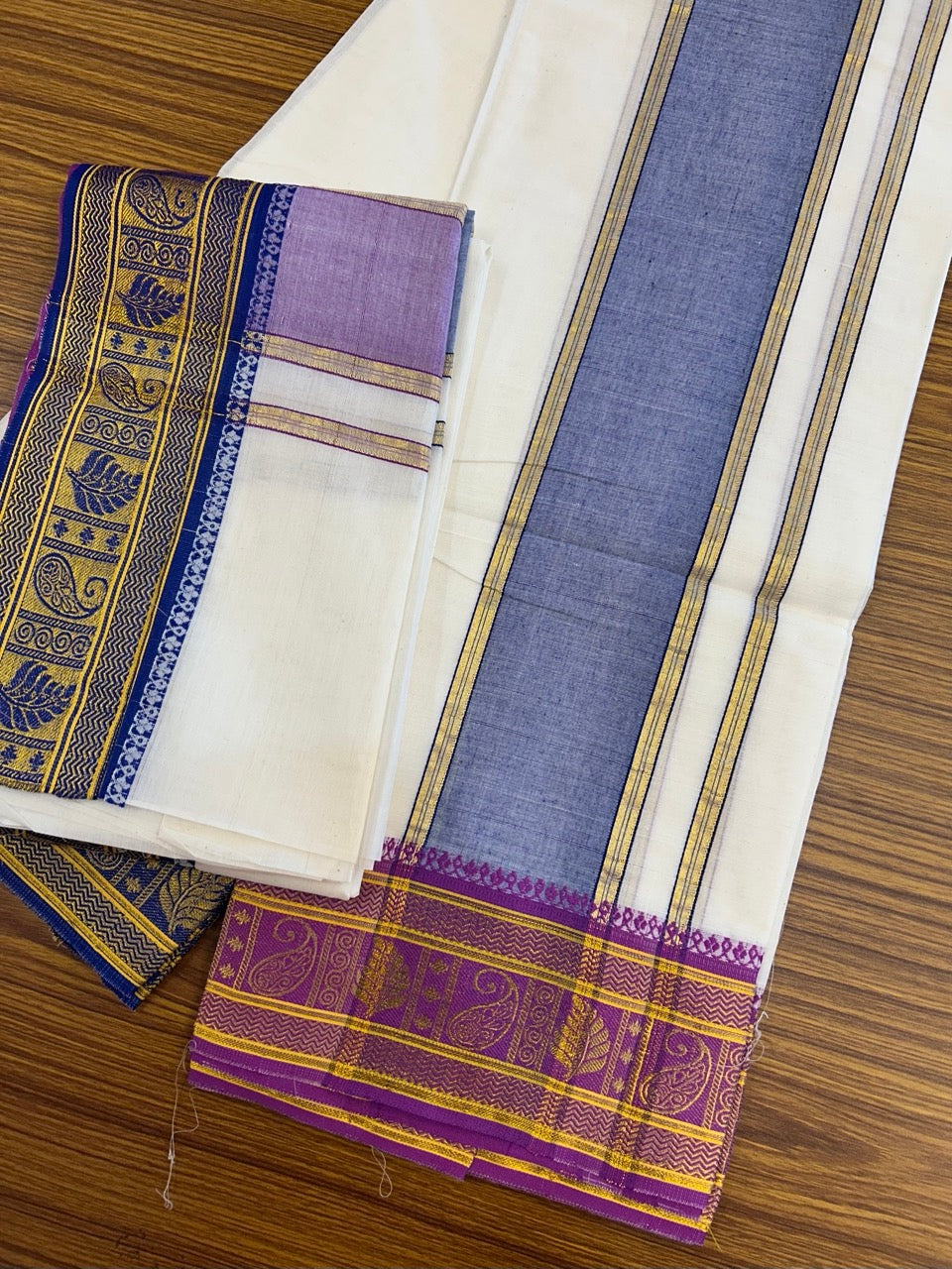 20% Discount! KaithariKada  Mixed Cotton Off White - (Unbleached) 80x90 thread - North Indian - Gamcha 8x4 - 3.75 inch Blue kara with Purple & Blue Gold Kasav border - 2 KK5303 PMC