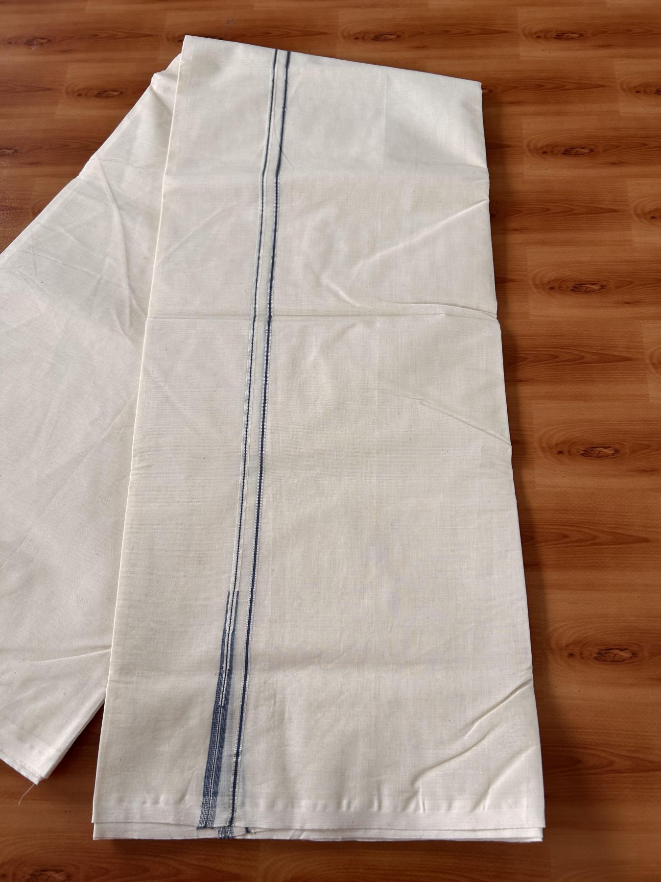 Double Off White (Unbleached) Mundu/Dhoti - 20% Discount !! KaithariKada Balaramapuram - 100% Cotton - 100X100 - 0.4 inch Puliyilakkara Silver Kasav Ash Blue chutty Kara (4.25 meter / 9.11 muzham) - 3 KK5435 ASH