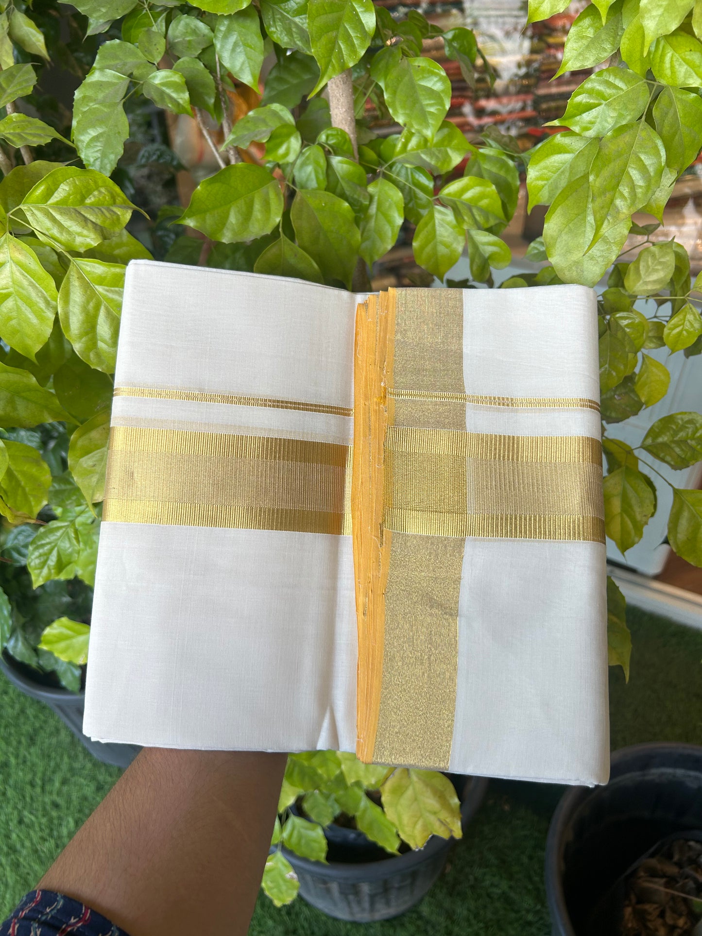 25% Discount ! KaithariKada Handloom Unakkupaav - Kerala Handloom - 100% Pure Cotton Off White - (Unbleached) Double Mundu/Dhoti - 100x80 - 2 inch Gold Kasav striped kara 4 mtr (8.5 Muzham) - 5 KK5375 ABH