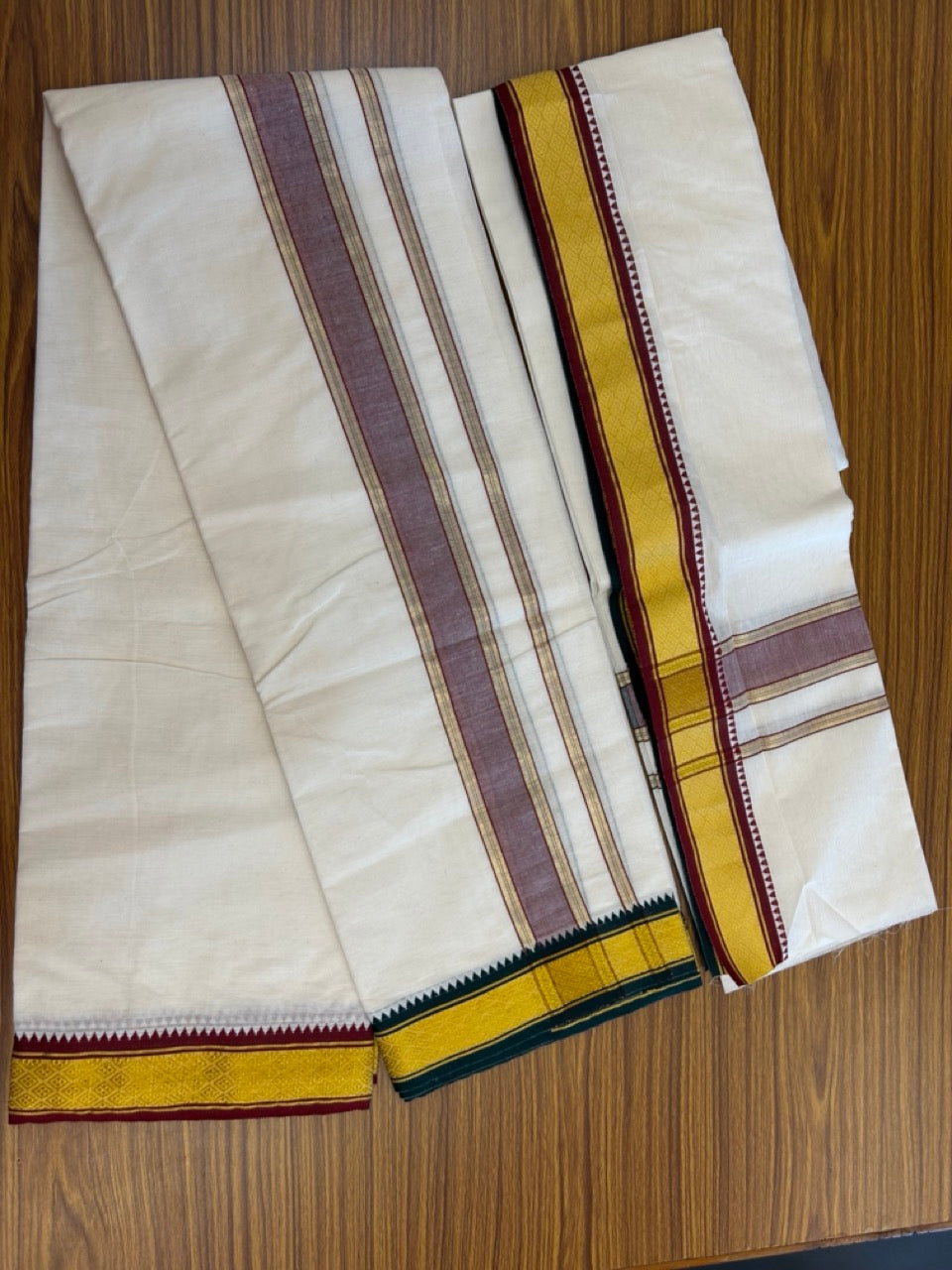 20% Discount! KaithariKada  Mixed Cotton Off White - (Unbleached) 80x90 thread - North Indian - Gamcha 8x4 - 2 inch kara with Maroon & Dark Green Gold Kasav border - 3 KK5303 PMC