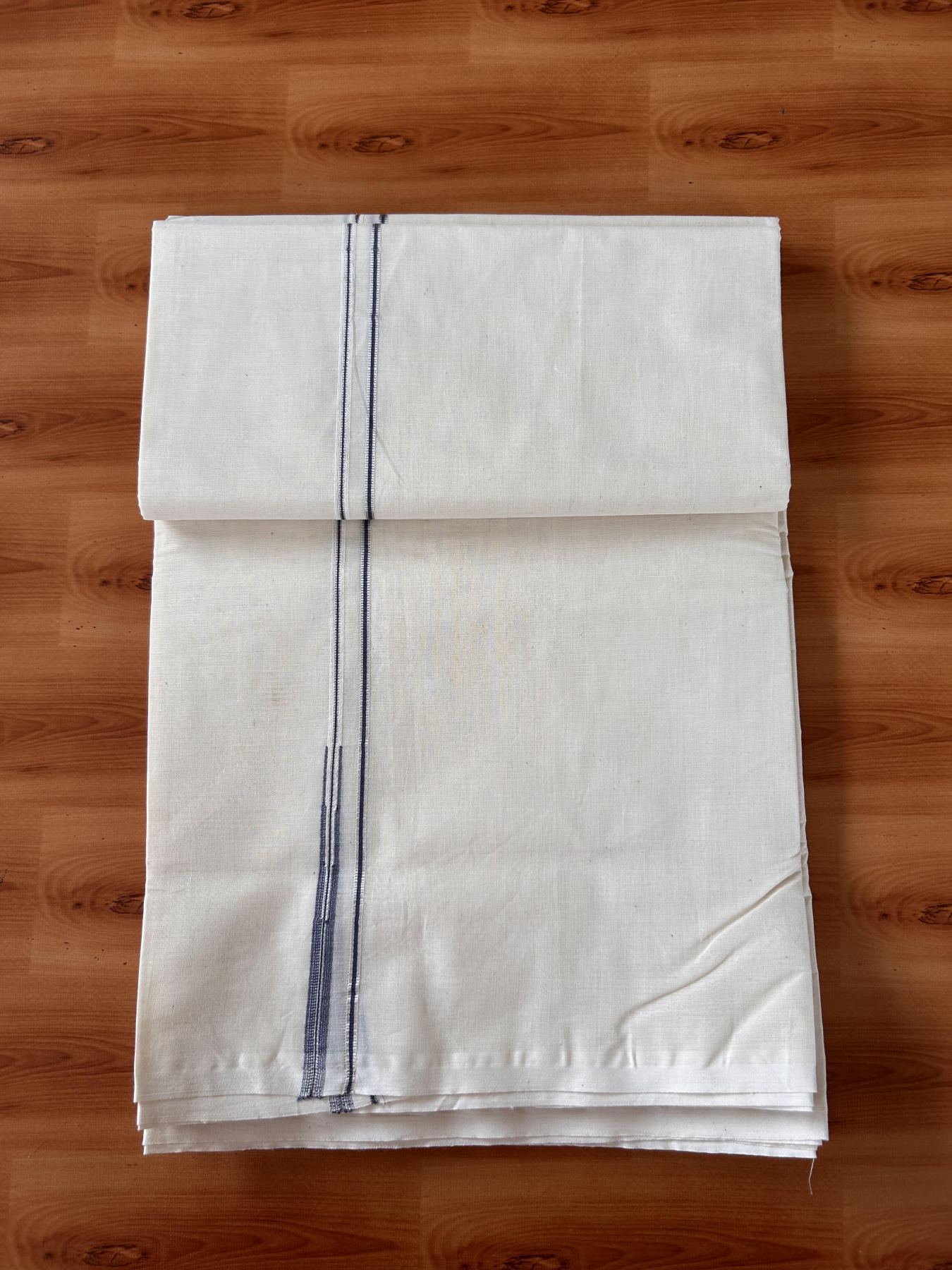 Double Off White (Unbleached) Mundu/Dhoti - 20% Discount !! KaithariKada Balaramapuram - 100% Cotton - 100X100 - 0.4 inch Puliyilakkara Silver Kasav Ash Blue chutty Kara (4.25 meter / 9.11 muzham) - 3 KK5435 ASH