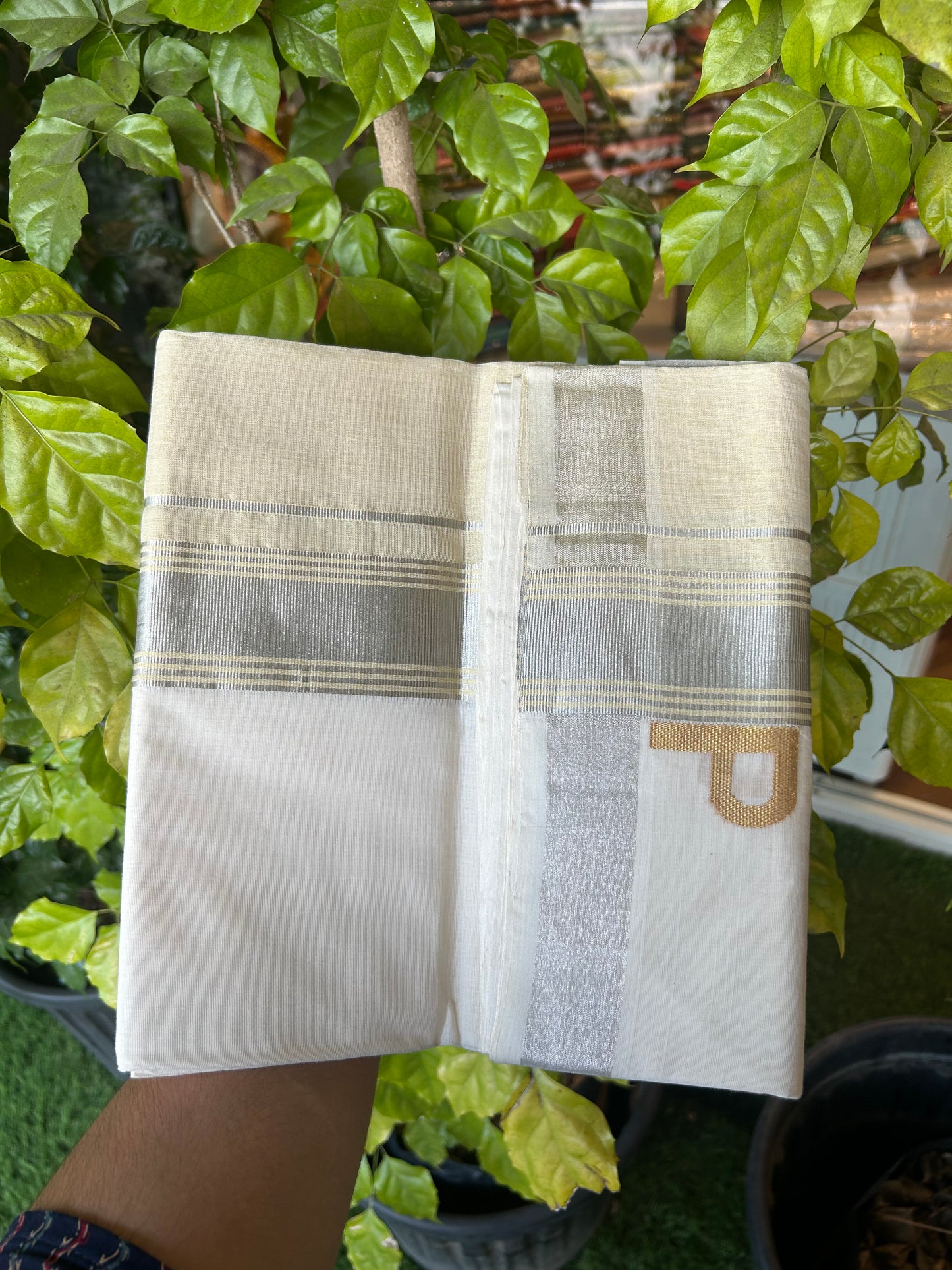 25% Discount ! KaithariKada Handloom Unakkupaav - Kerala Handloom - 100% Pure Cotton Off White - (Unbleached) Double Mundu/Dhoti - 100x80 - 2 inch Silver Kasav stripes side tissue Kara with Alphabet Design 4 mtr (8.5 Muzham) - 8 KK5375 ABH