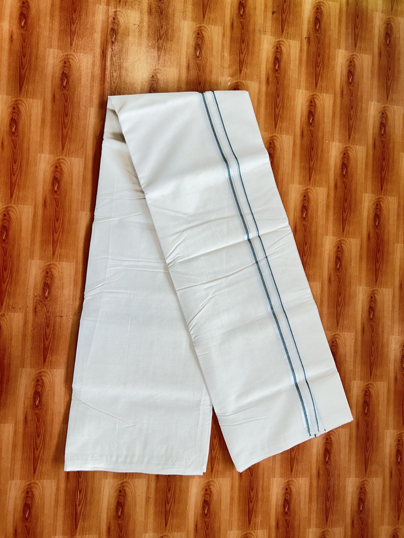 25% Discount ! KaithariKada Handloom Millpaav - Kerala Handloom - 100% Pure Cotton Off White (Unbleached) Double Mundu/Dothi - 100x80 - 0.5 inch Silver Kasav & Green Muthukuri Kara 3.80 Meters (8 Muzham) - 90 KK5380 SOM