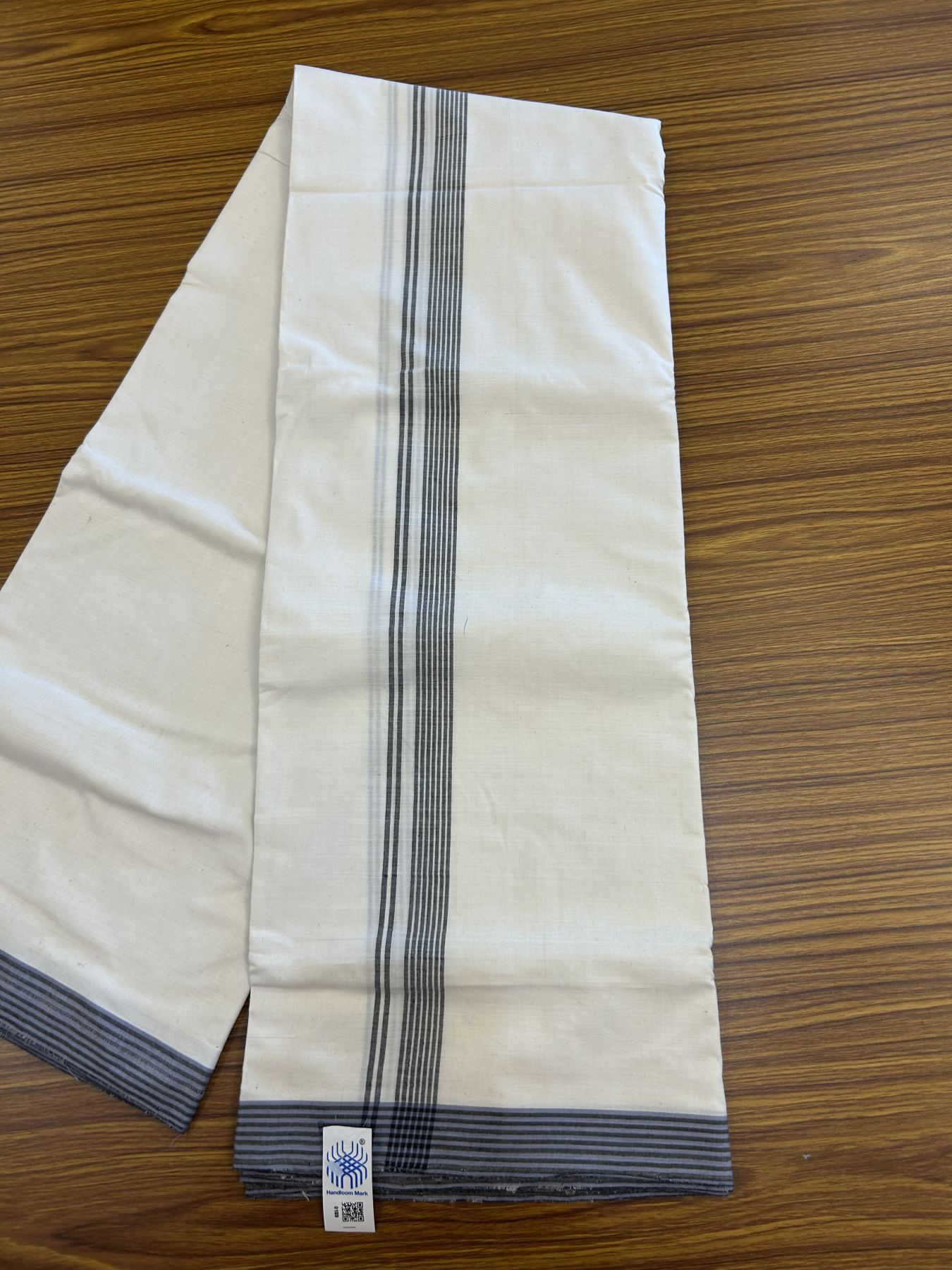 Kerala Handloom - Signature Kaitharikada - Government Sealed Hallmarked-100% Pure Cotton! (2/120X2/160) Twisted Thread- Off White Double Mundu/Dhoti - 0.75 inch Black Shaded Striped Kara 4 mtr (8.5 muzham) - 26 KK5331 KAL