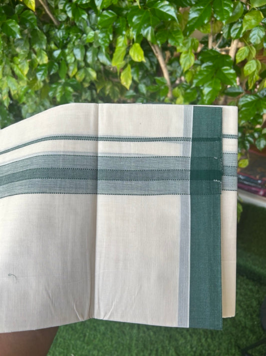 KaithariKada Balaramapuram 100% Cotton Double OFF WHITE (unbleached) Mundu/Dhoti- 100x80 - 1.75 inch Dark Green Design Kara 4 mtr (8.5 muzham) - 85KK5227 PMC