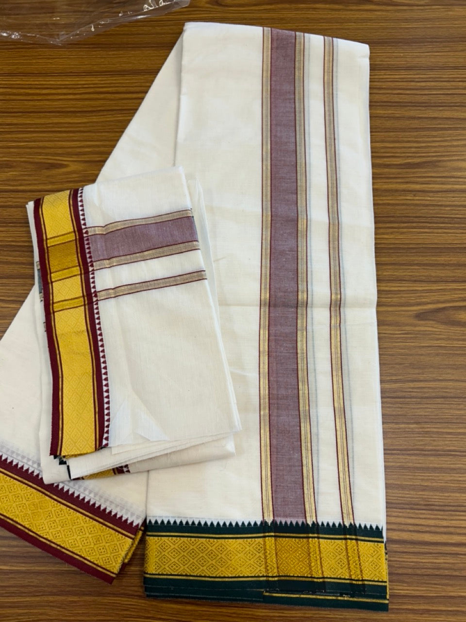 20% Discount! KaithariKada  Mixed Cotton Off White - (Unbleached) 80x90 thread - North Indian - Gamcha 8x4 - 2 inch kara with Maroon & Dark Green Gold Kasav border - 3 KK5303 PMC