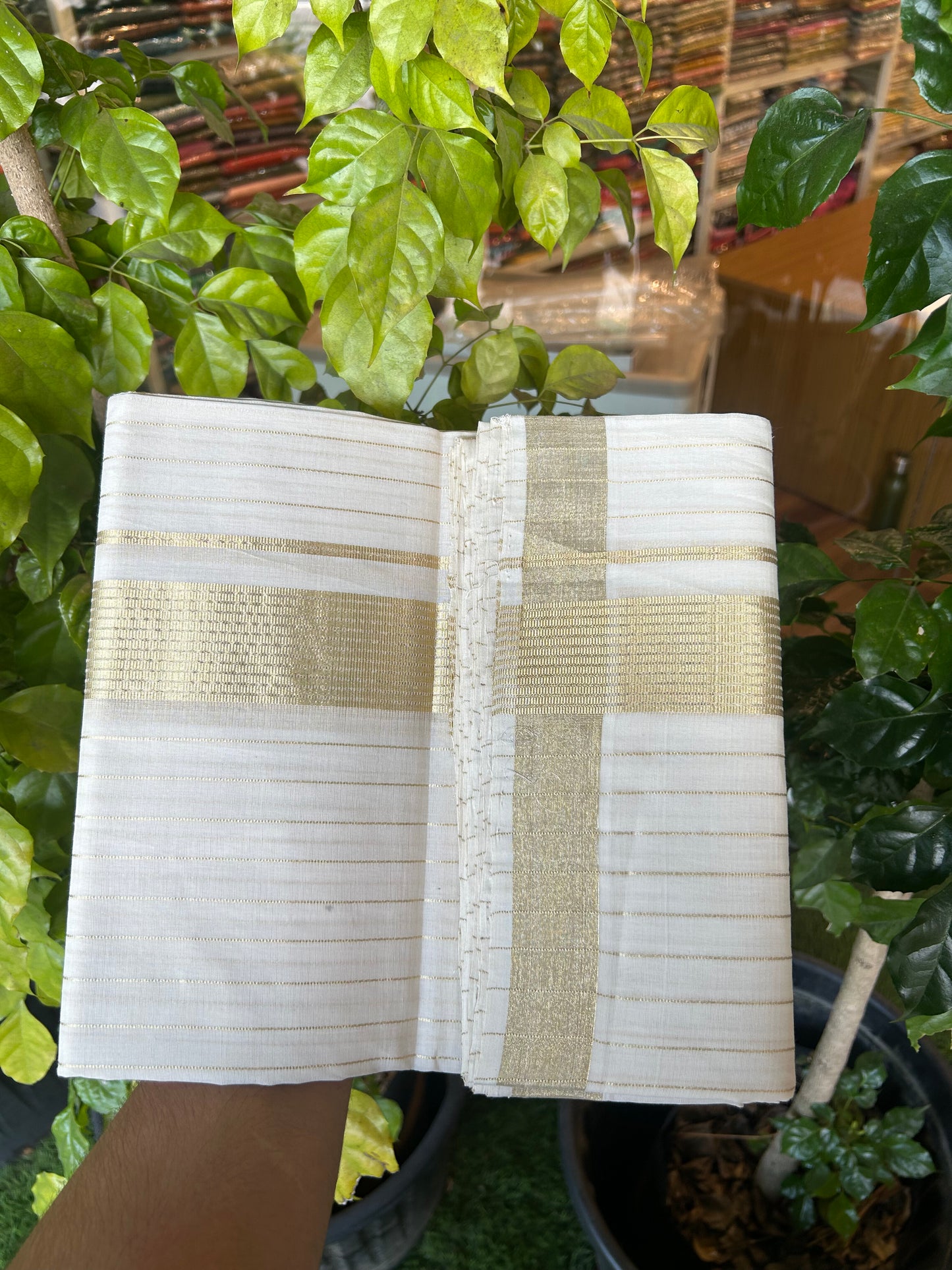25% Discount ! KaithariKada Handloom Unakkupaav - Kerala Handloom - 100% Pure Cotton Off White - (Unbleached) Double Mundu/Dhoti - 100x80 - 1.75 inch Light Kasav kara with Full Body Stripes 4 mtr (8.5 Muzham) - 3 KK5375 ABH