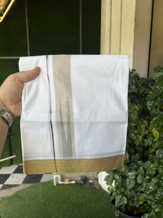 20% Discount!! Kaitharikada Balaramapuram 100% Pure Cotton Pure White Double Mundu/Dothi - 100x80 - 1.5 inch Dark Mustard & Green Silver Kasav Stripes Chutty Kara 3.90 m (8 muzham) - 24 KK5356 VAS