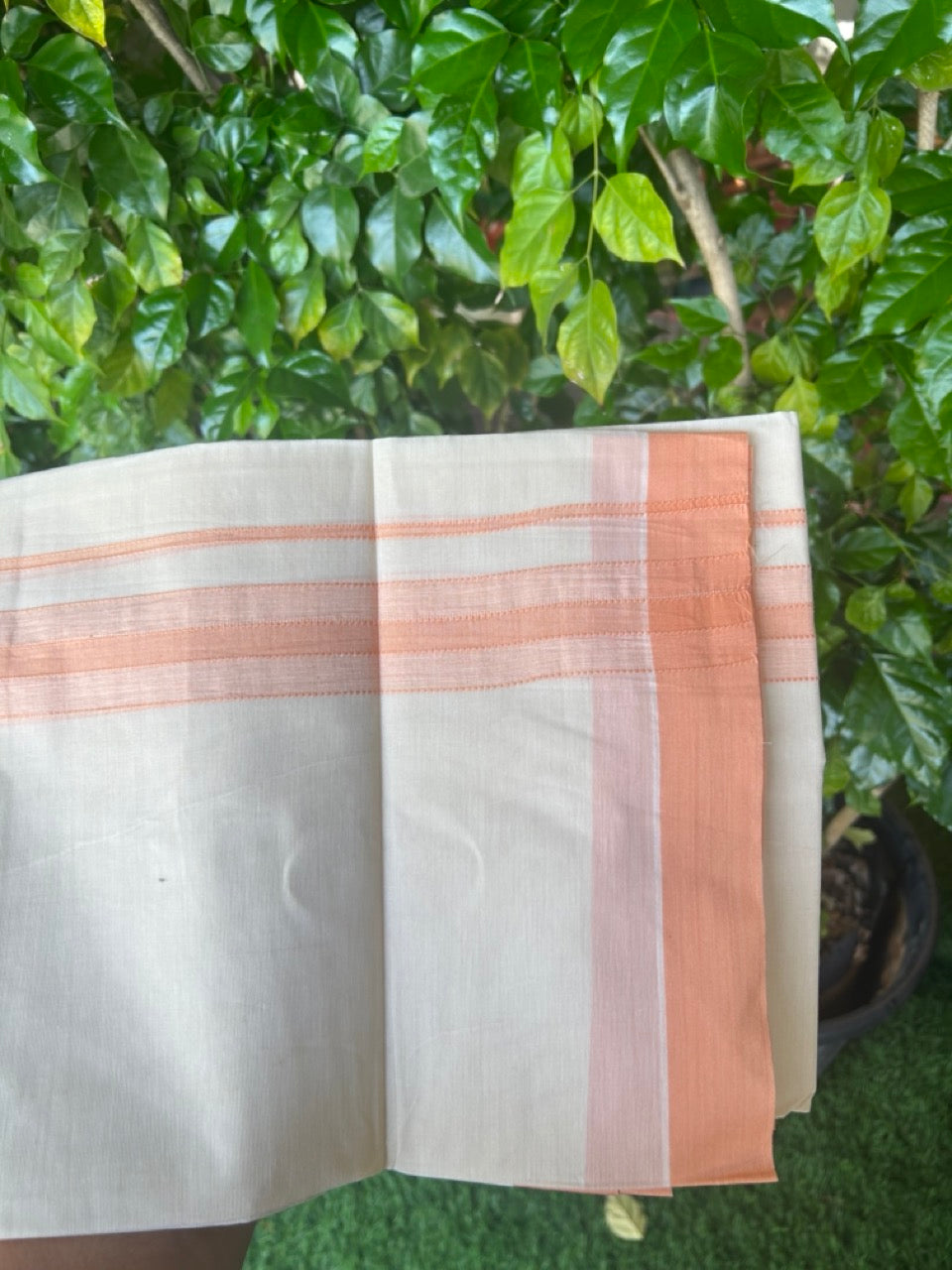 KaithariKada Balaramapuram 100% Cotton Double OFF WHITE (unbleached) Mundu/Dhoti- 100x80 - 1.75 inch Pastel Orange Design Kara 4 mtr (8.5 muzham) - 84KK5227 PMC