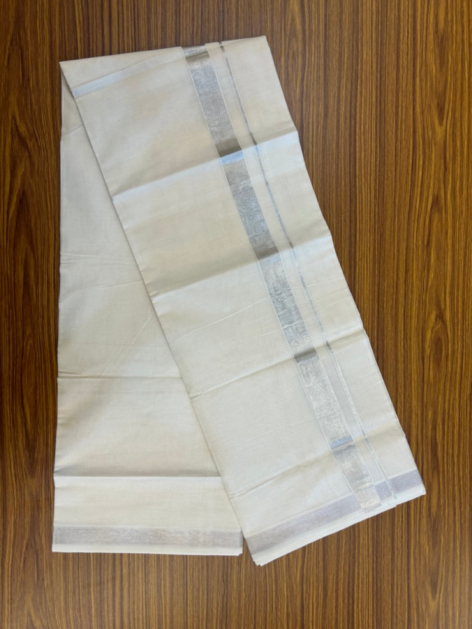 20% Discount ! Kaitharikada Balaramapuram 100% Cotton Off White Double Mundu/Dothi  - 100x100- 1 Inch Silver Kasav Kara - 13 KK5253 GAN
