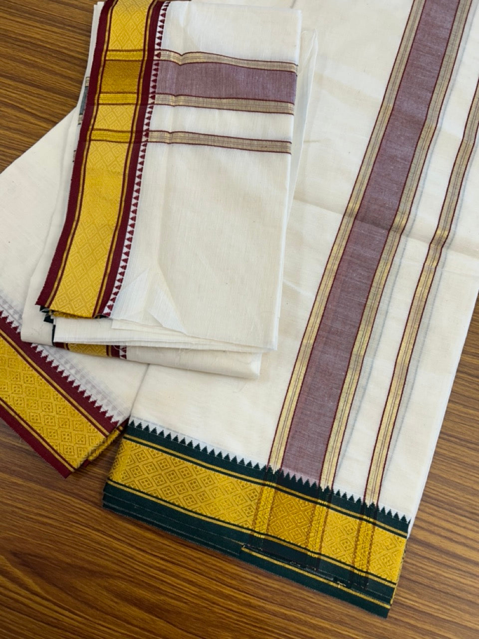 20% Discount! KaithariKada  Mixed Cotton Off White - (Unbleached) 80x90 thread - North Indian - Gamcha 8x4 - 2 inch kara with Maroon & Dark Green Gold Kasav border - 3 KK5303 PMC