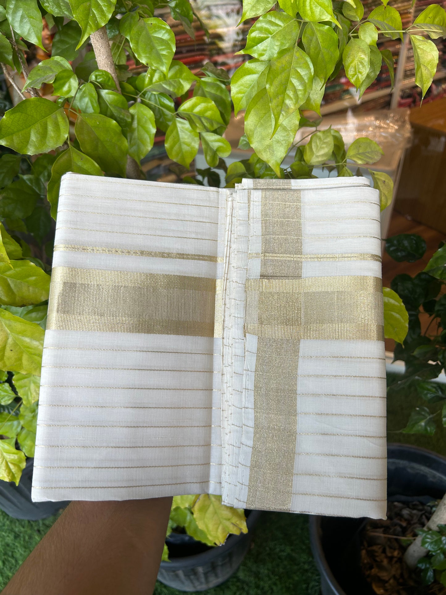 25% Discount ! KaithariKada Handloom Unakkupaav - Kerala Handloom - 100% Pure Cotton Off White - (Unbleached) Double Mundu/Dhoti - 100x80 - 2 inch Light Kasav kara with Full Body Stripes 4 mtr (8.5 Muzham) - 2 KK5375 ABH
