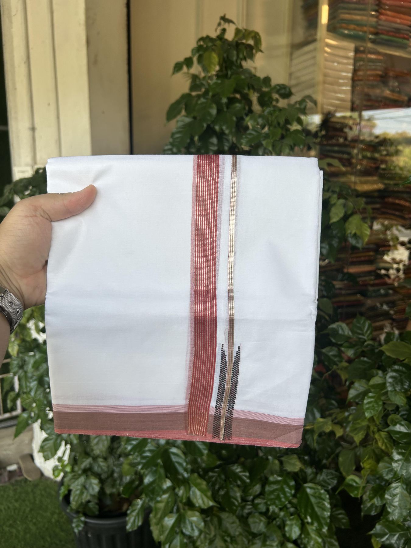 20% Discount!! Kaitharikada Balaramapuram 100% Pure Cotton Pure White Double Mundu/Dothi - 100x80 - 0.75 inch Dark Dusty Rose & Black Silver Kasav Stripes Chutty Kara 3.90 m (8 muzham) - 17 KK5356 VAS