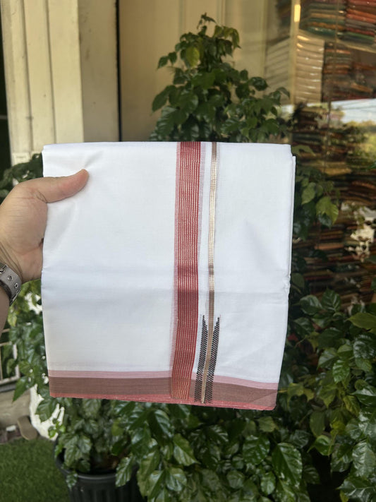 20% Discount!! Kaitharikada Balaramapuram 100% Pure Cotton Pure White Double Mundu/Dothi - 100x80 - 0.75 inch Dark Dusty Rose & Black Silver Kasav Stripes Chutty Kara 3.90 m (8 muzham) - 17 KK5356 VAS