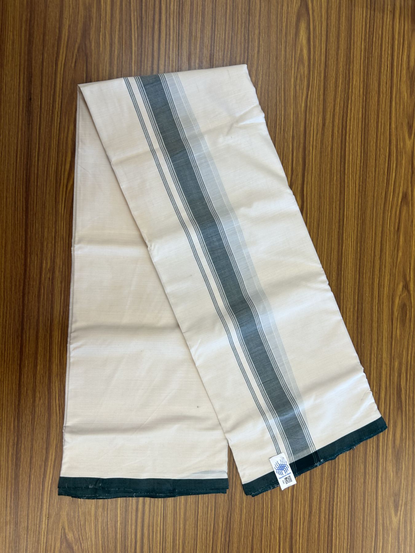 Kerala Handloom - Signature Kaitharikada - Government Sealed Hallmarked-100% Pure Cotton! (2/120X2/160) Twisted Thread- Off White Double Mundu/Dhoti - 1.25 inch Green Shaded Striped Kara 4 mtr (8.5 muzham) - 27 KK5331 KAL