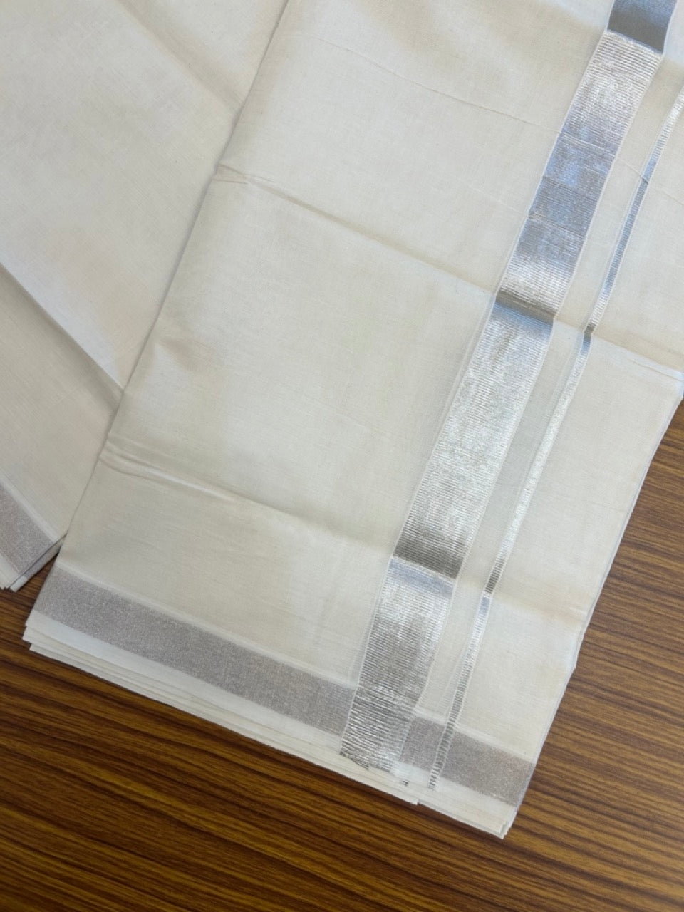 20% Discount ! Kaitharikada Balaramapuram 100% Cotton Off White Double Mundu/Dothi  - 100x100- 1 Inch Silver Kasav Kara - 13 KK5253 GAN