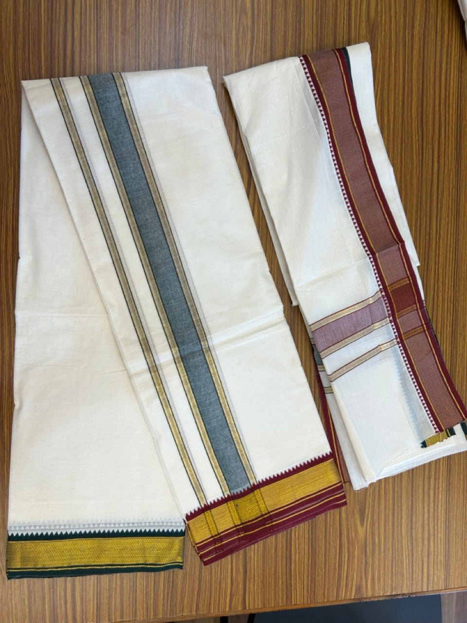 20% Discount! KaithariKada  Mixed Cotton Off White - (Unbleached) 80x90 thread - North Indian - Gamcha 8x4 - 2 inch kara with Maroon & Dark Green Gold Kasav border - 4 KK5303 PMC