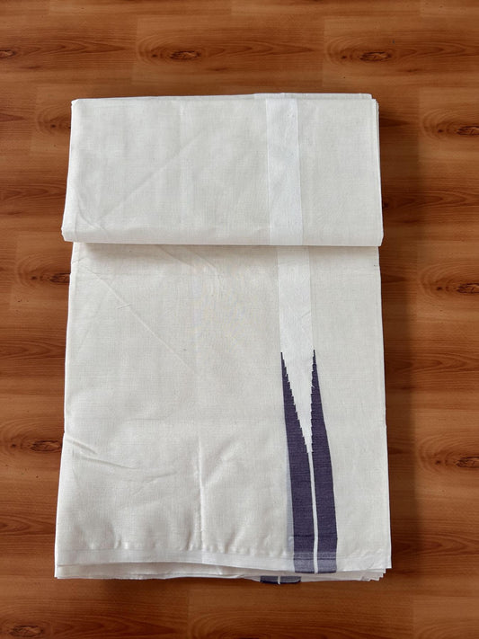Double Off white Mundu/Dhoti - 20% Discount! KaithariKada Balaramapuram - 100% Cotton  100x100 - 1.25 inch Puliyilakkara Violet Chutty Kara - 4 mtr (8.5 muzham) - 14 KK5435 ASH