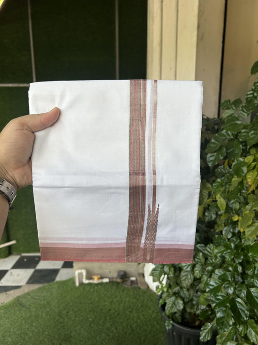 20% Discount!! Kaitharikada Balaramapuram 100% Pure Cotton Pure White Double Mundu/Dothi - 100x80 - 1.5 inch Black , Dusty Rose & Green Silver Kasav Stripes Chutty Kara 3.90 m (8 muzham) - 19 KK5356 VAS