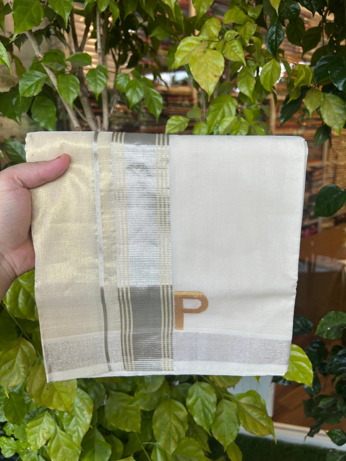 25% Discount ! KaithariKada Handloom Unakkupaav - Kerala Handloom - 100% Pure Cotton Off White - (Unbleached) Double Mundu/Dhoti - 100x80 - 2 inch Silver Kasav stripes side tissue Kara with Alphabet Design 4 mtr (8.5 Muzham) - 8 KK5375 ABH