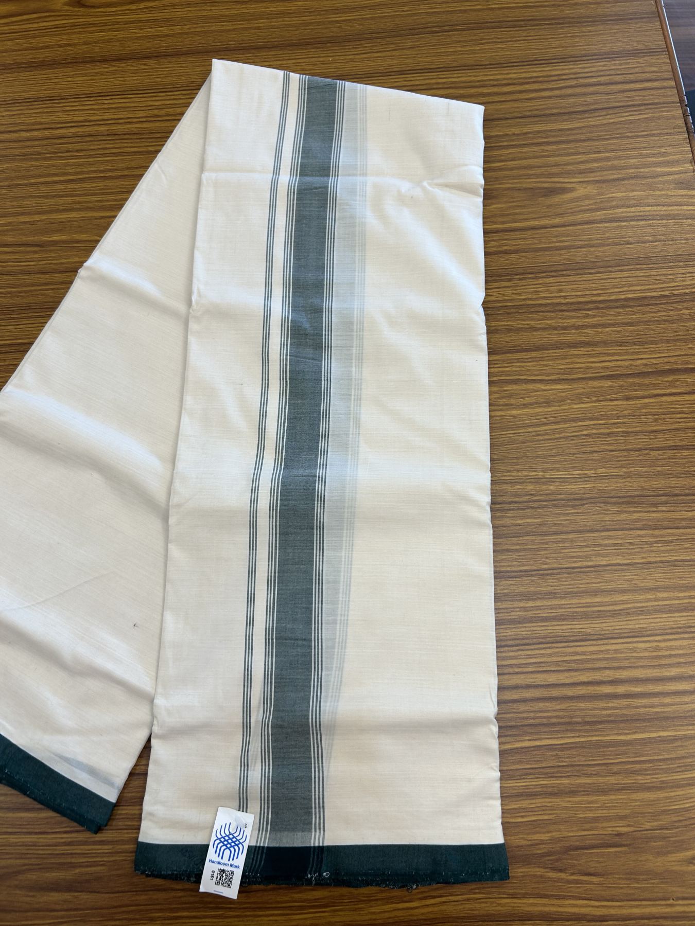 Kerala Handloom - Signature Kaitharikada - Government Sealed Hallmarked-100% Pure Cotton! (2/120X2/160) Twisted Thread- Off White Double Mundu/Dhoti - 1.25 inch Green Shaded Striped Kara 4 mtr (8.5 muzham) - 27 KK5331 KAL