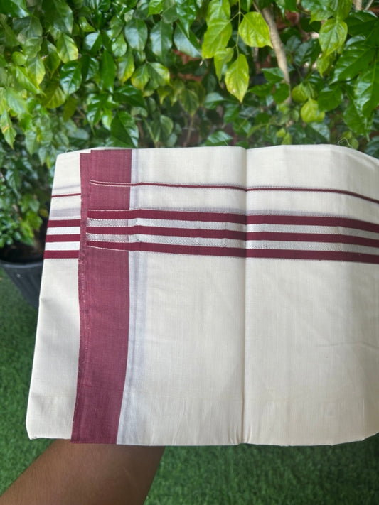 20% DISCOUNT! KaithariKada Balaramapuram 100% Cotton Double OFF WHITE (unbleached) Mundu/Dhoti- 100x80- 1.5 inch Silver Kasavu & Maroon Stripes Shaded Kara 4 mtr (8.5 muzham) - 98KK5227 PMC