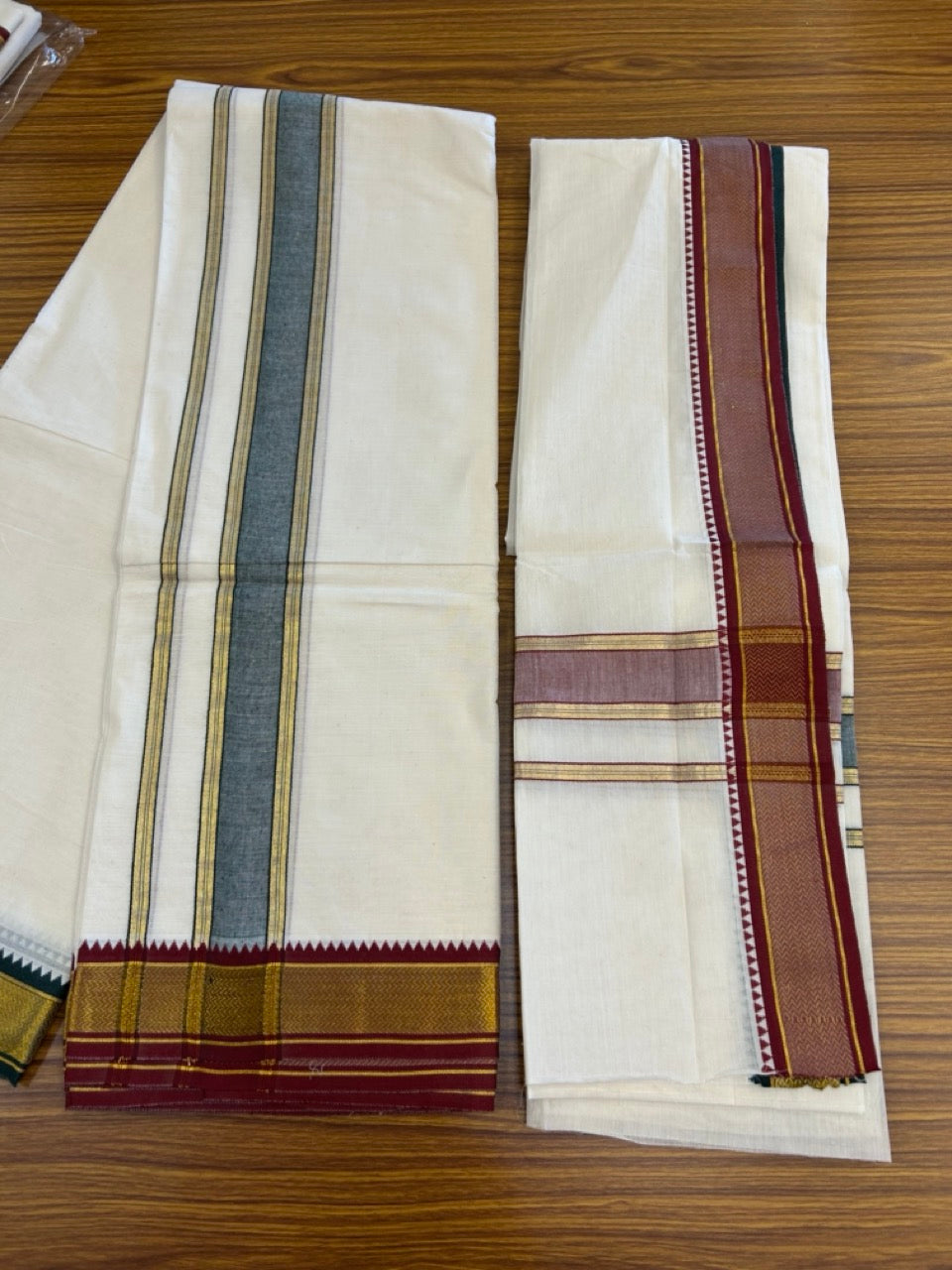20% Discount! KaithariKada  Mixed Cotton Off White - (Unbleached) 80x90 thread - North Indian - Gamcha 8x4 - 2 inch kara with Maroon & Dark Green Gold Kasav border - 4 KK5303 PMC