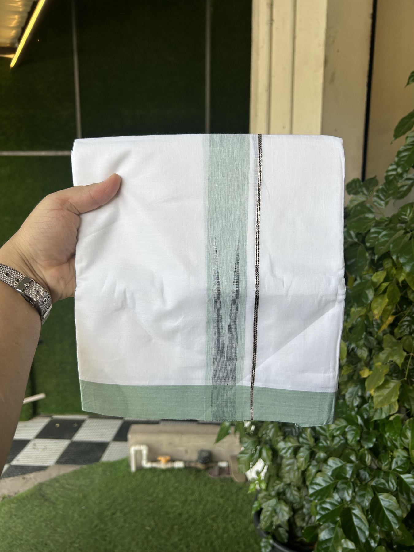 20% Discount!! Kaitharikada Balaramapuram 100% Pure Cotton Pure White Double Mundu/Dothi - 100x80 - 1.5 inch Mint Green & Black Silver Kasav Stripes Chutty Kara 3.90 m (8 muzham) - 21 KK5356 VAS