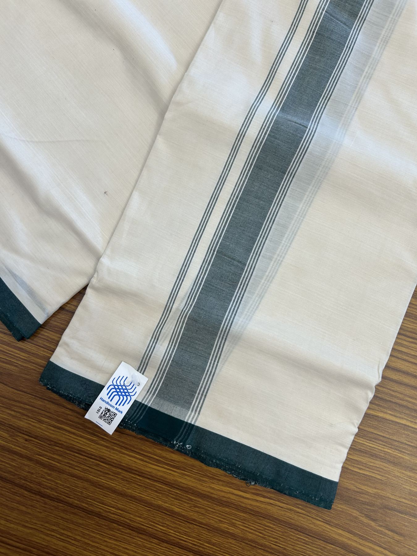Kerala Handloom - Signature Kaitharikada - Government Sealed Hallmarked-100% Pure Cotton! (2/120X2/160) Twisted Thread- Off White Double Mundu/Dhoti - 1.25 inch Green Shaded Striped Kara 4 mtr (8.5 muzham) - 27 KK5331 KAL