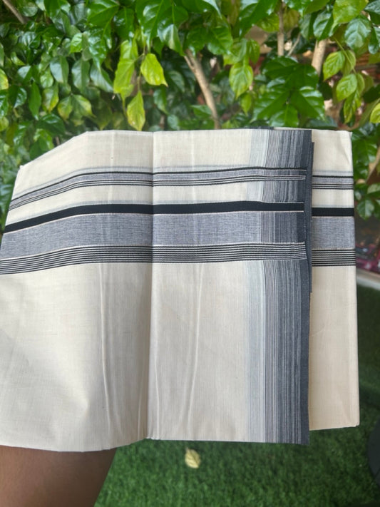 20% DISCOUNT! KaithariKada Balaramapuram 100% Cotton Double OFF WHITE (unbleached) Mundu/Dhoti- 100x80- 1.75 inch Silver Kasavu & Black Stripes Shaded Kara 4 mtr (8.5 muzham) - 95KK5227 PMC