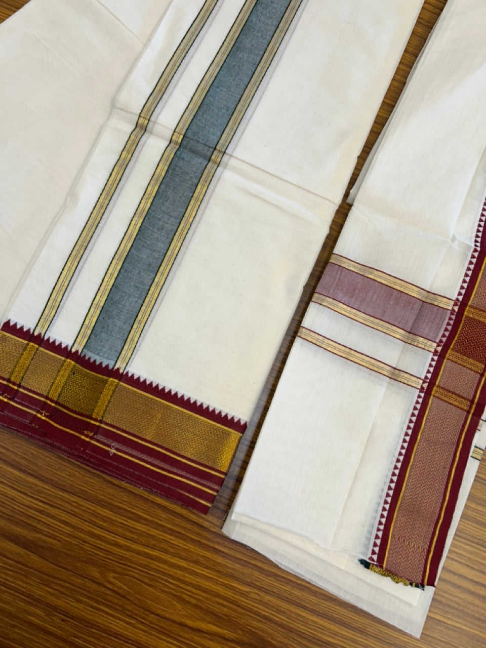 20% Discount! KaithariKada  Mixed Cotton Off White - (Unbleached) 80x90 thread - North Indian - Gamcha 8x4 - 2 inch kara with Maroon & Dark Green Gold Kasav border - 4 KK5303 PMC